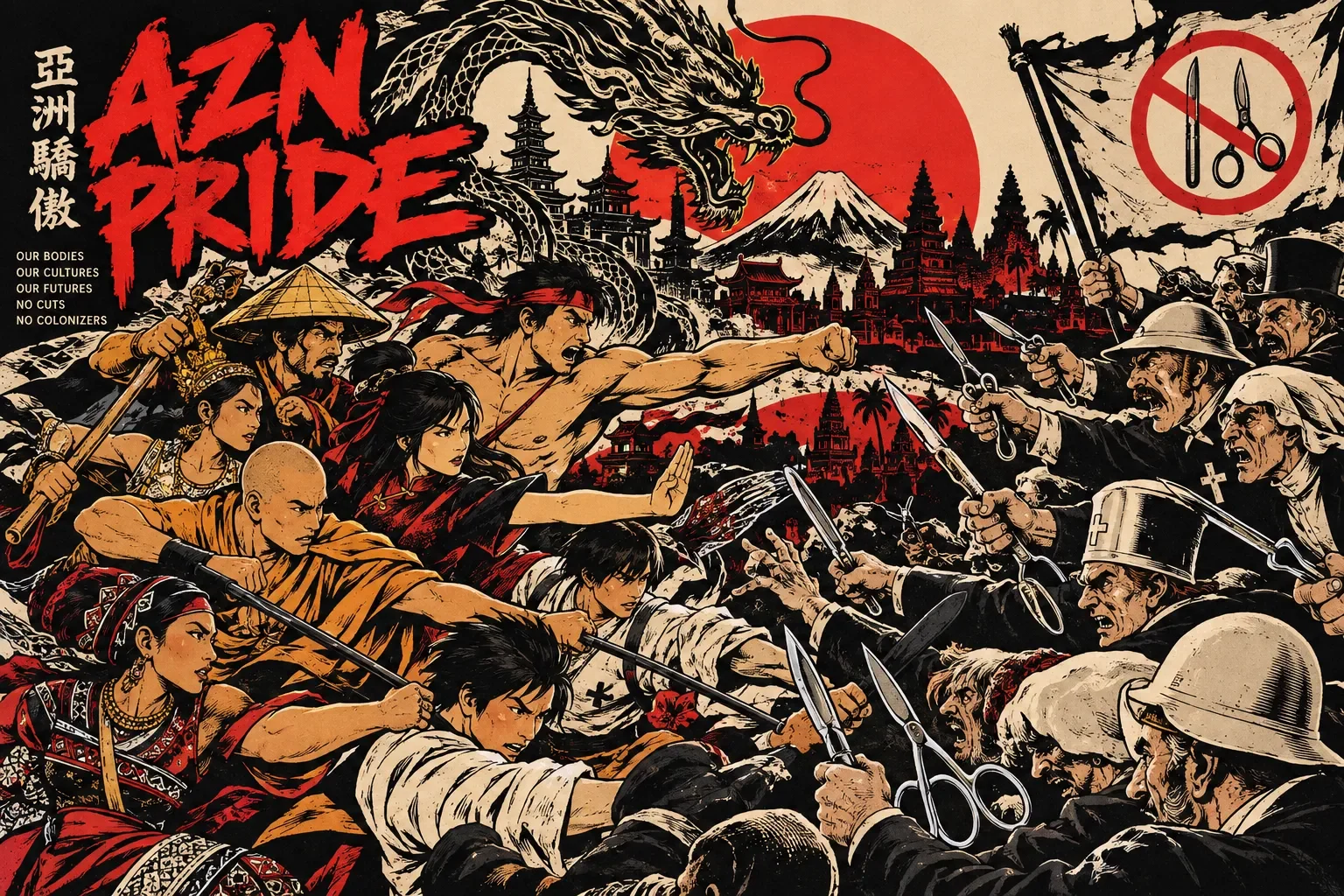 Poster artwork titled AZN PRIDE: Asians from across the continent stand together and push back colonizers armed with scalpels and scissors. Text reads: Our bodies, our cultures, our futures, no cuts, no colonizers.