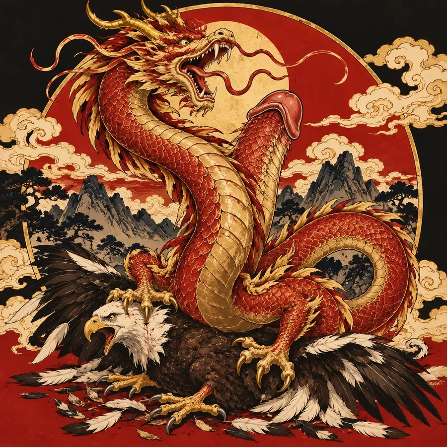 The Uncut Dragon: a phallic red and gold dragon standing over a defeated bald eagle