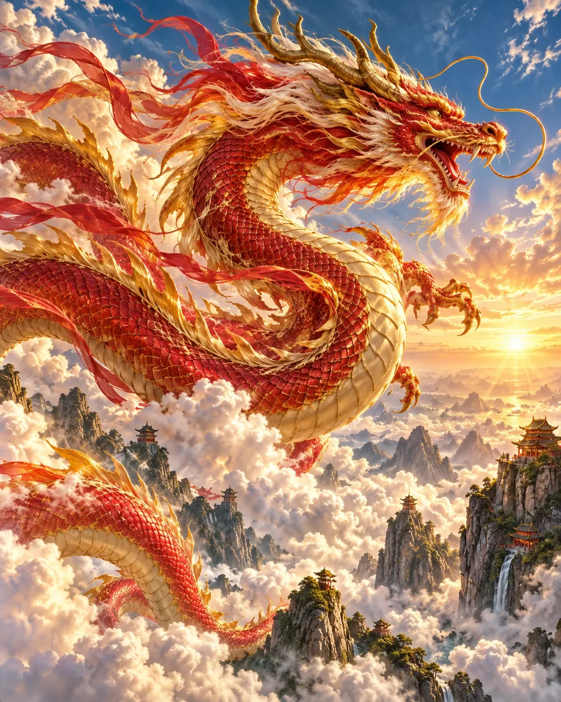Artwork: a red and gold dragon soars over misty mountains, temples and waterfalls at sunrise