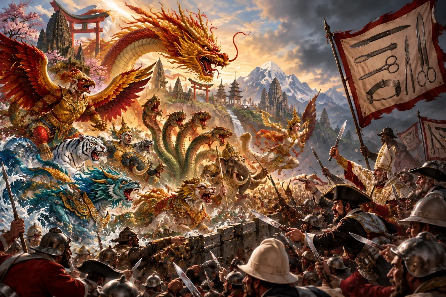 Artwork: Garuda, Naga, dragons, tigers, an elephant warrior and a celestial dancer charge together from Asia's temples against soldiers and a bishop carrying scalpel and scissor banners